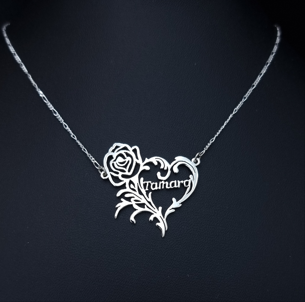 Rose & heart personalised name necklace