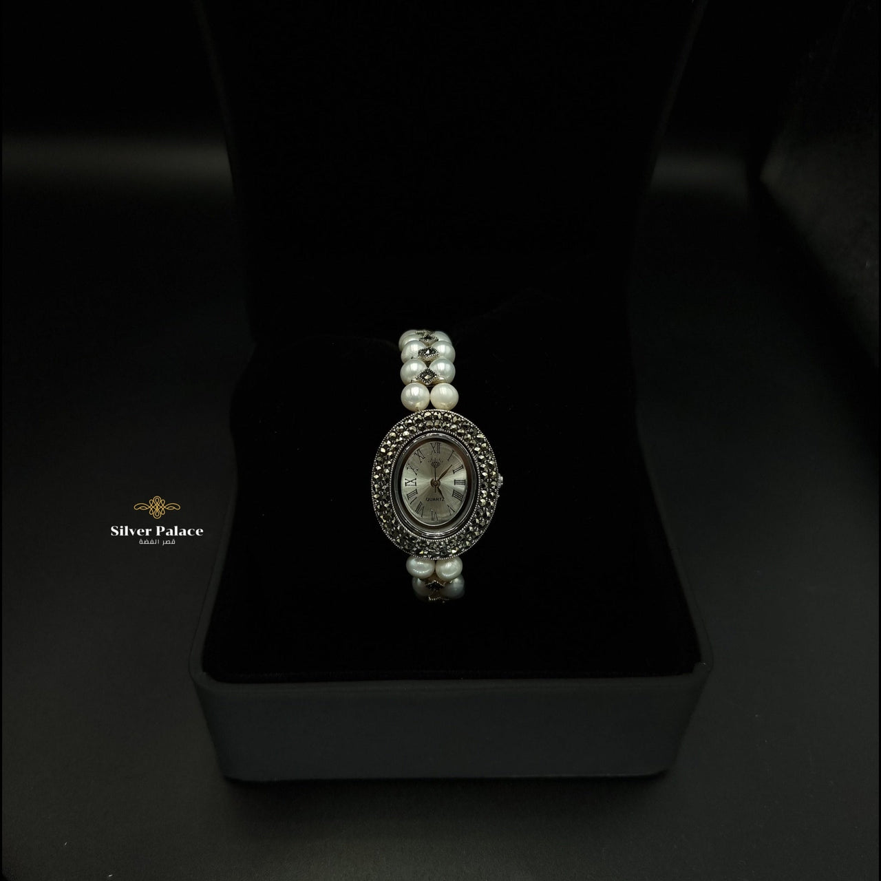 SLPW0002 - Marcasite 925 Silver Fresh-Water Pearls Bracelet Watch For Women